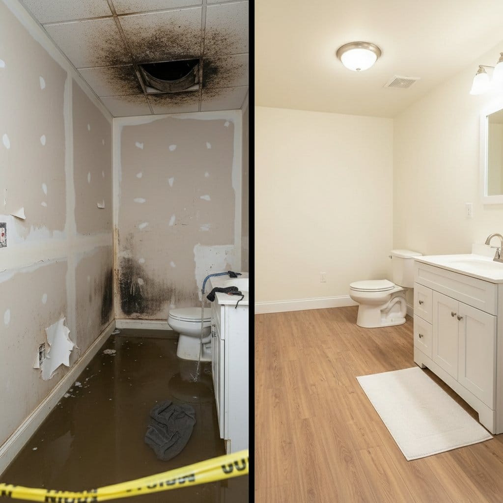 Before and after water damage restoration in Garfield split-level home bathroom