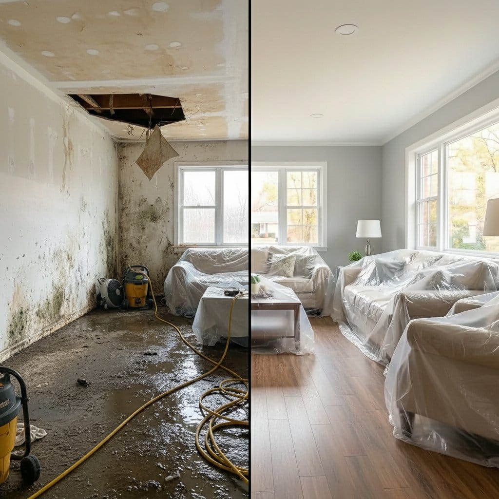 Emergency Water Removal before and after in living room, Garfield NJ