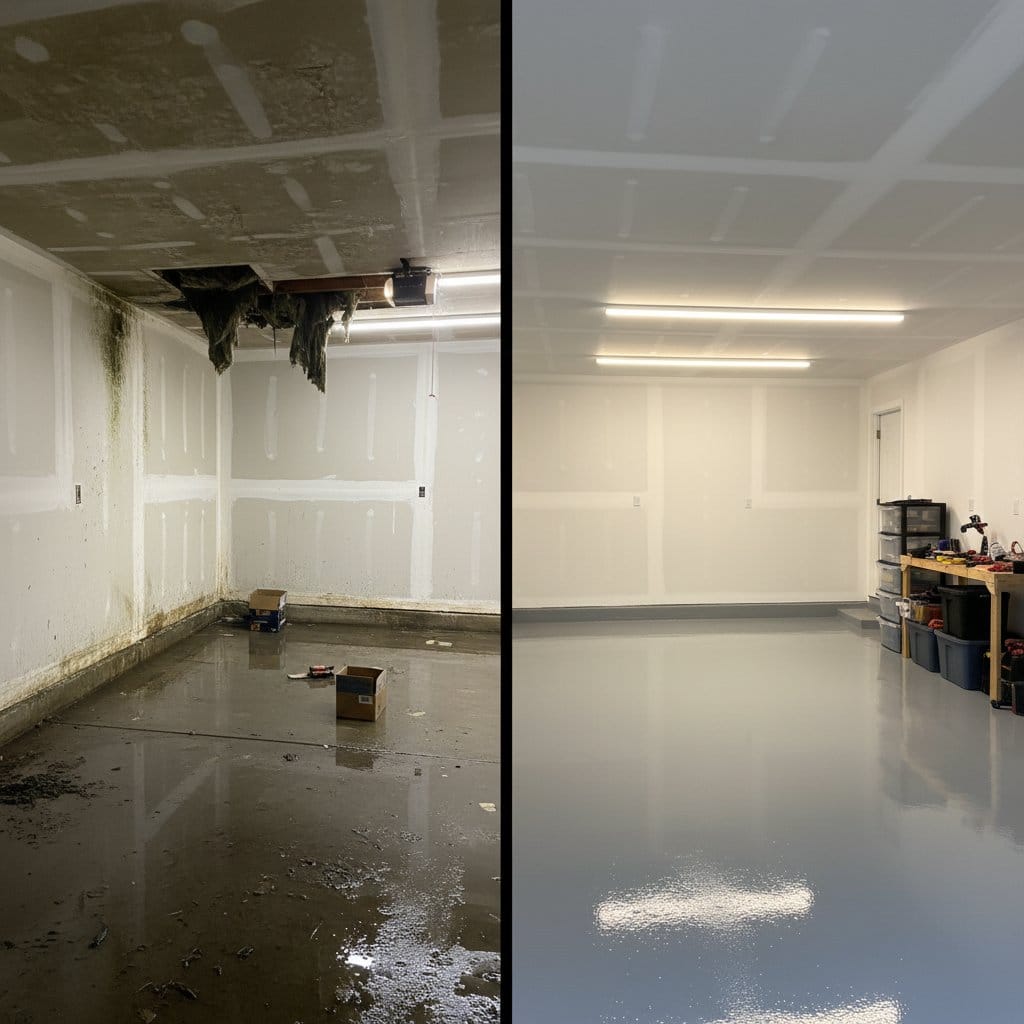 Basement Flood Cleanup before and after in garage, Garfield NJ