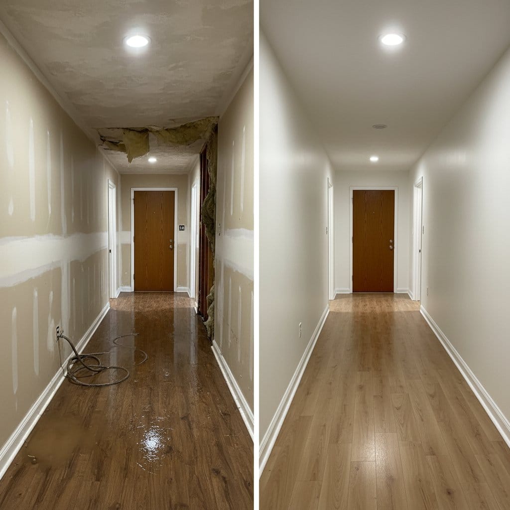 Burst Pipe & Plumbing Leak Damage before and after in hallway, Garfield NJ