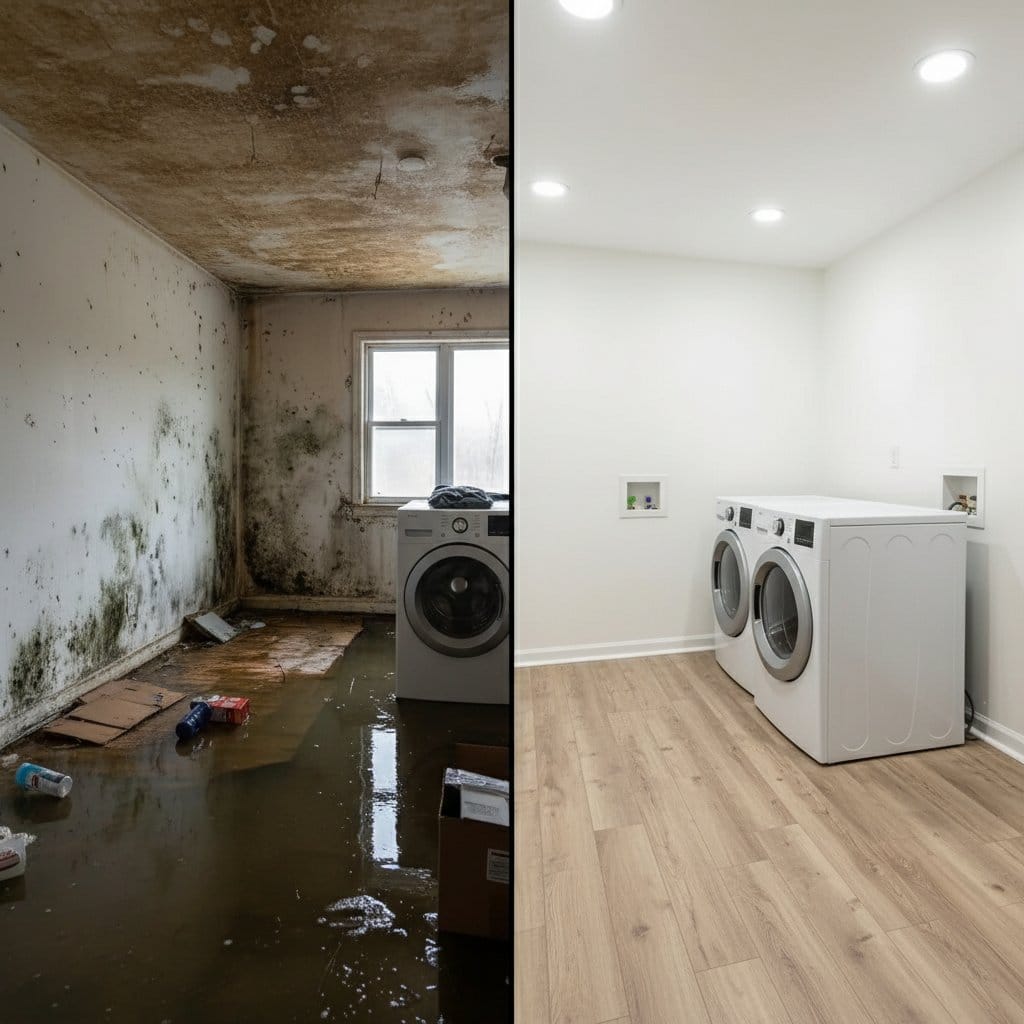Burst Pipe & Plumbing Leak Damage restoration — laundry room of contemporary home in Garfield, NJ