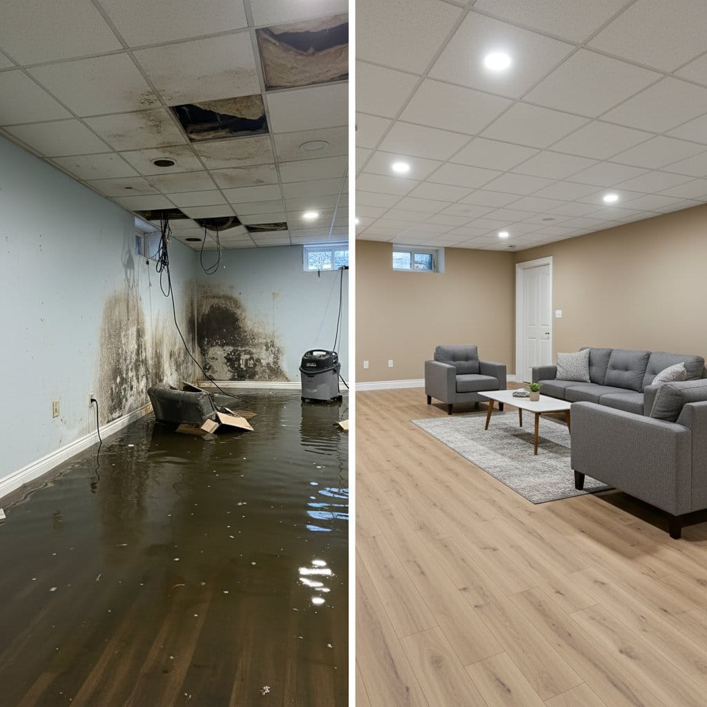 Storm & Roof Leak Water Damage before and after in finished basement, Garfield NJ