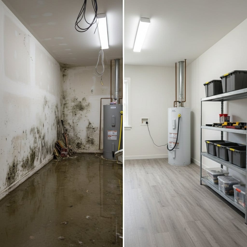 Storm & Roof Leak Water Damage restoration — utility room of split-level home in Garfield, NJ