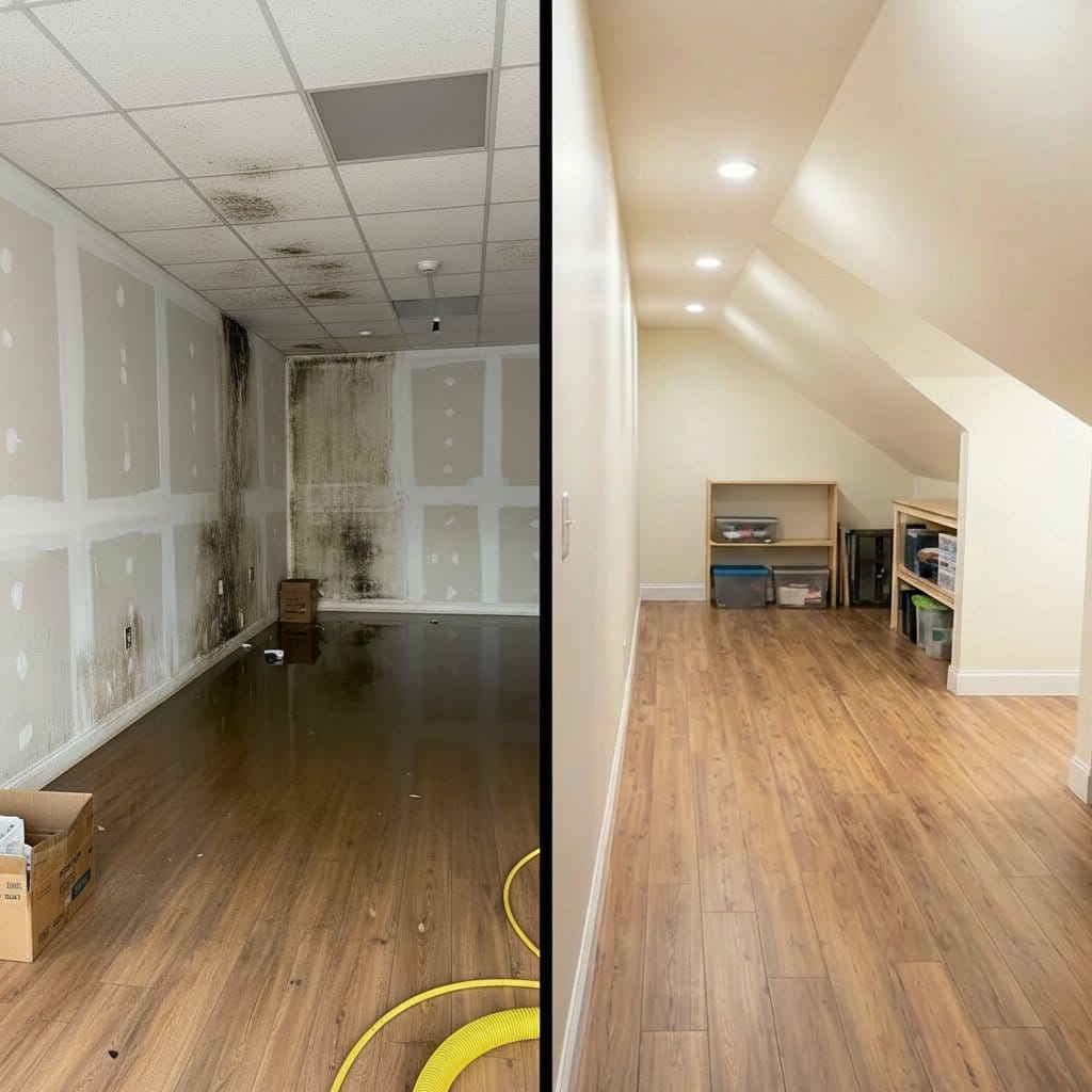 Before and after storm & roof leak water damage in Garfield Cape Cod house storefront interior