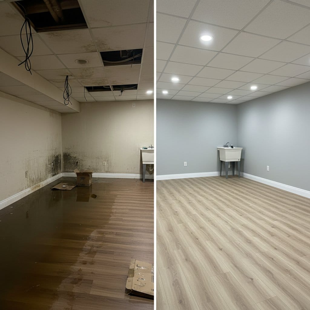 Sewage Backup Cleanup before and after in residential basement, Garfield NJ