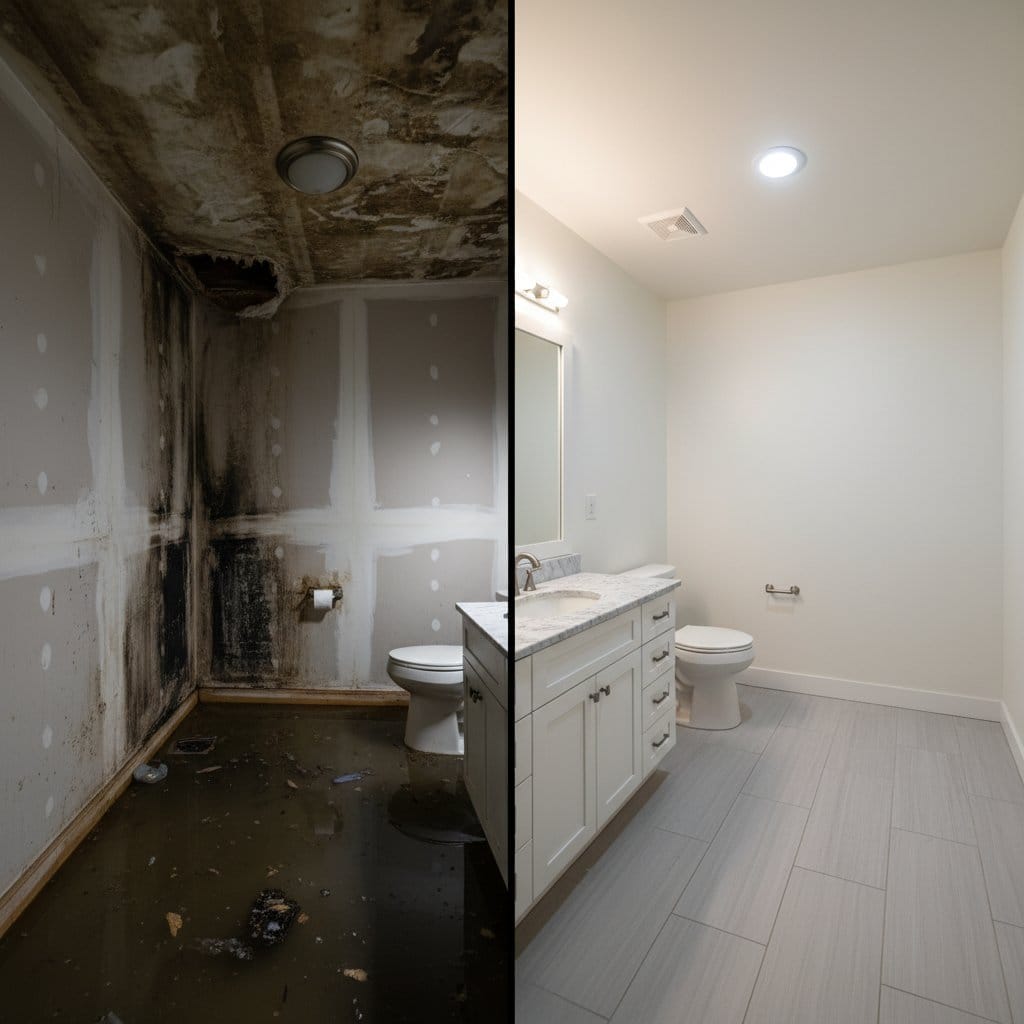Before and after sewage backup cleanup in Garfield private residence bathroom