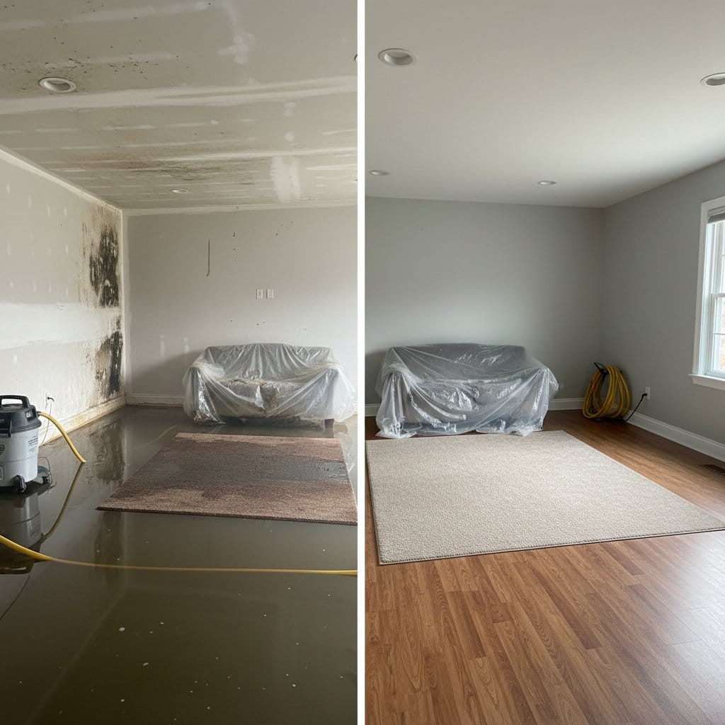 Structural Drying & Dehumidification before and after in living room, Garfield NJ