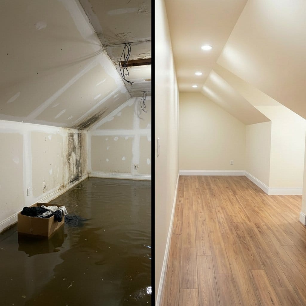 Before and after structural drying & dehumidification in Garfield bi-level home bedroom