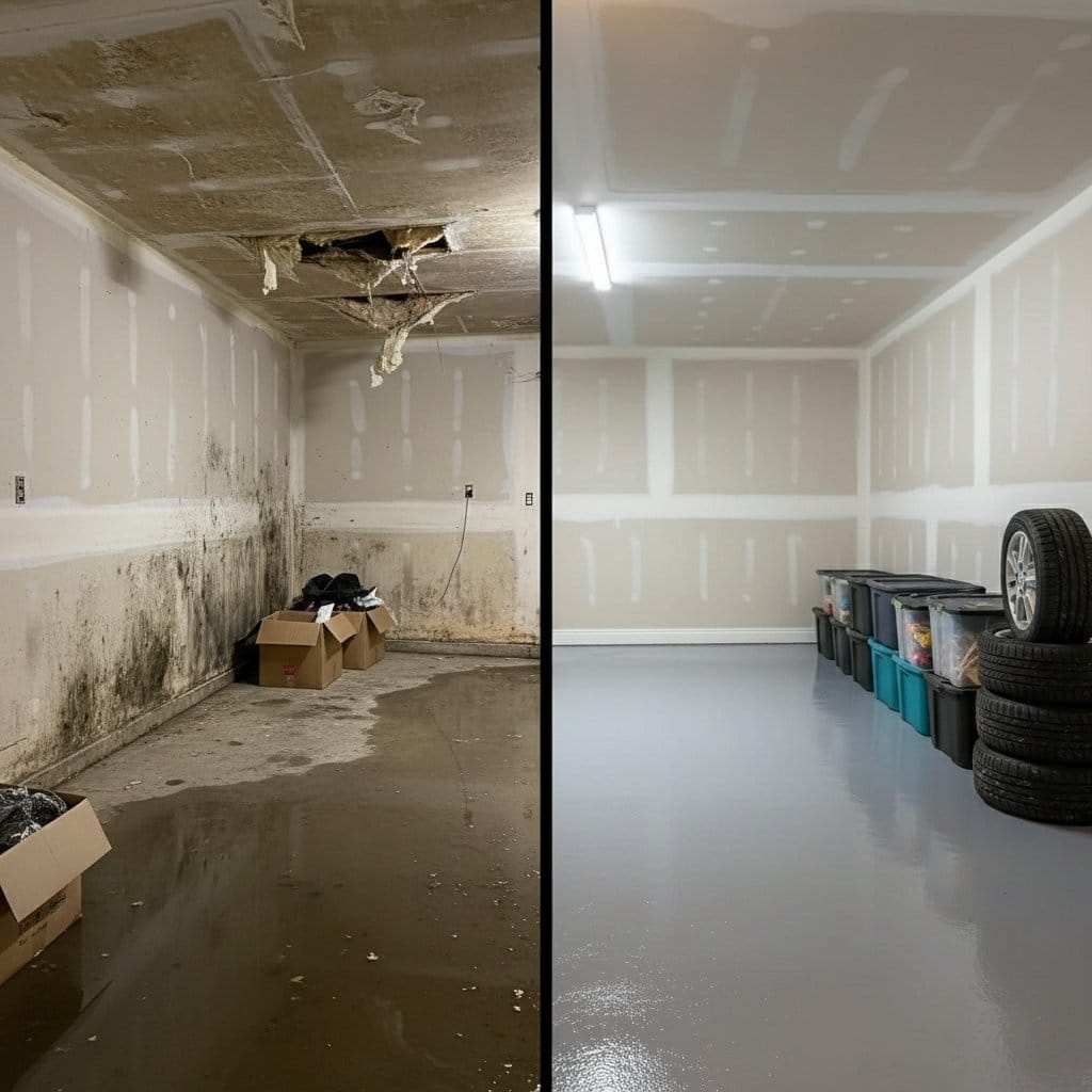 Carpet & Flooring Water Damage Cleanup before and after in garage, Garfield NJ