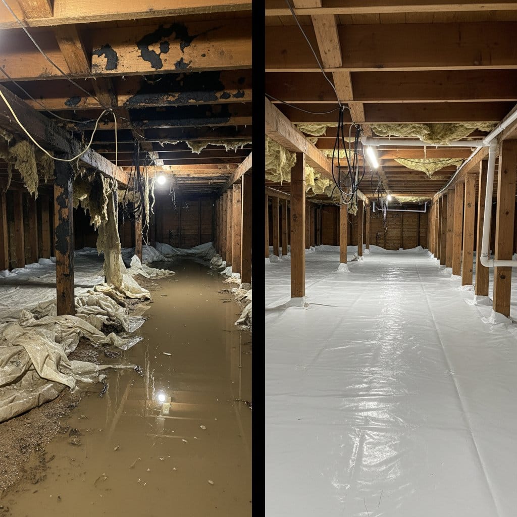 Carpet & Flooring Water Damage Cleanup restoration — crawl space of bungalow in Garfield, NJ