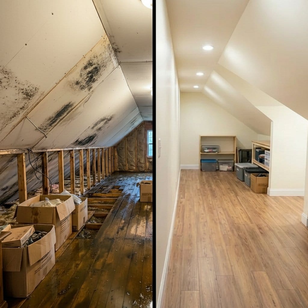 Before and after carpet & flooring water damage cleanup in Garfield single-family home attic space