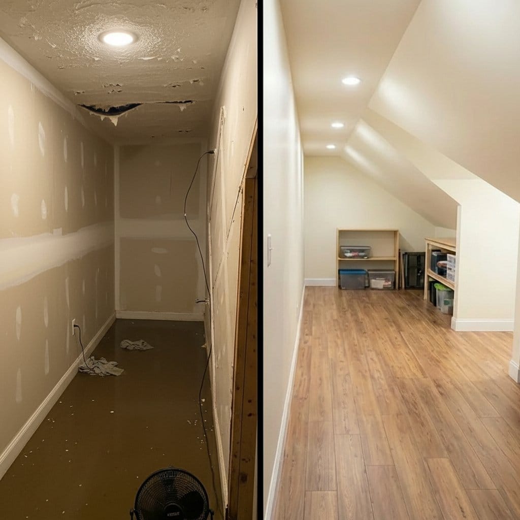 Wall & Ceiling Dry-Out before and after in hallway, Garfield NJ