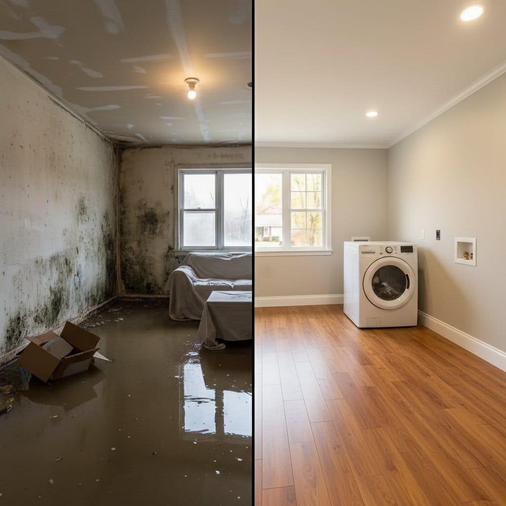 Wall & Ceiling Dry-Out restoration — laundry room of Cape Cod house in Garfield, NJ