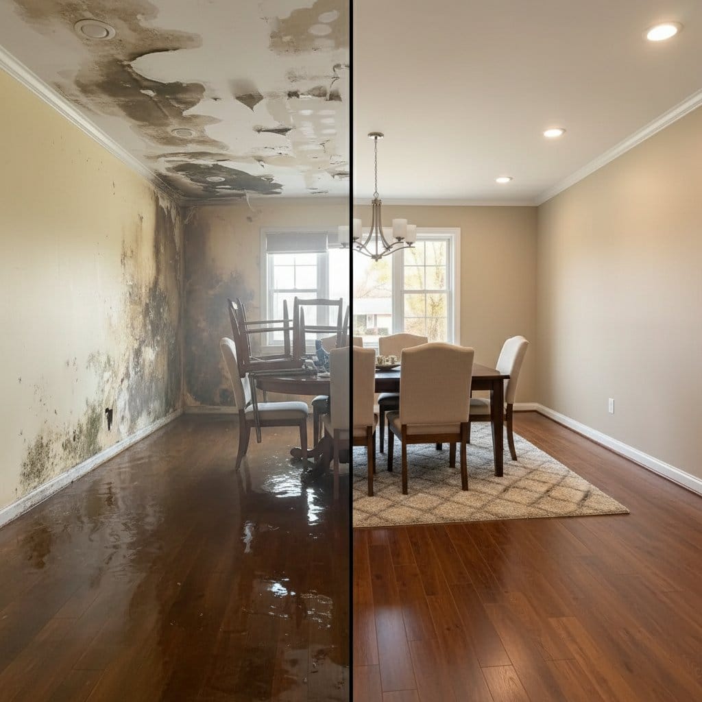 Before and after wall & ceiling dry-out in Garfield ranch-style home dining room