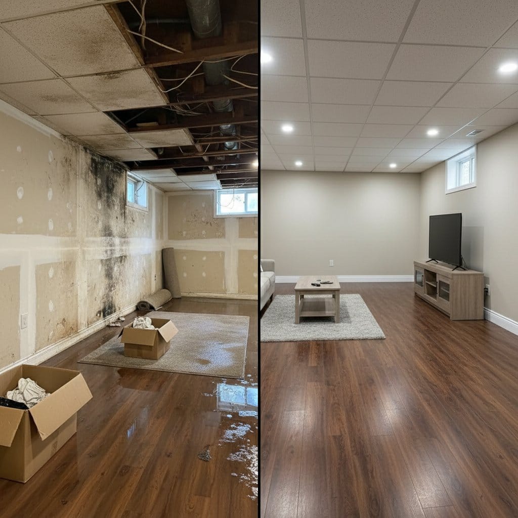 Content Drying & Property Cleanup before and after in finished basement, Garfield NJ