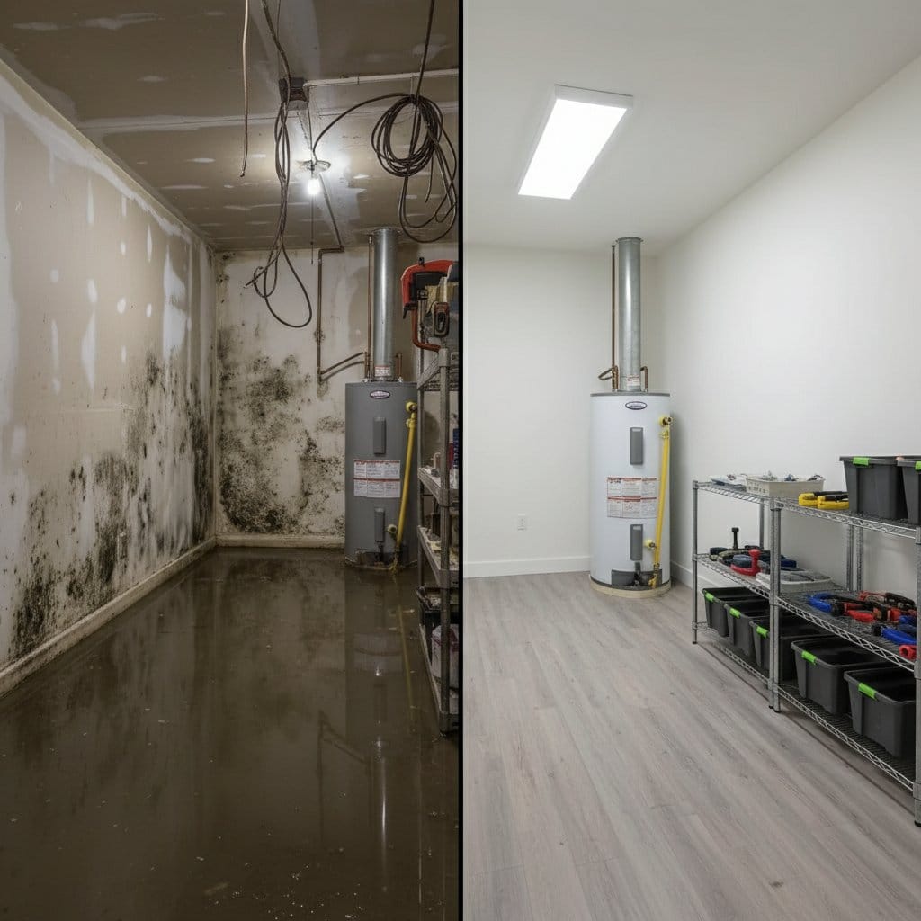 Content Drying & Property Cleanup restoration — utility room of private residence in Garfield, NJ