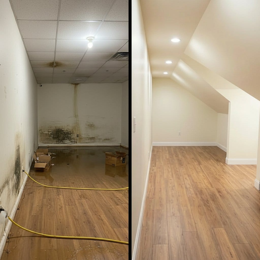 Before and after content drying & property cleanup in Garfield townhouse storefront interior