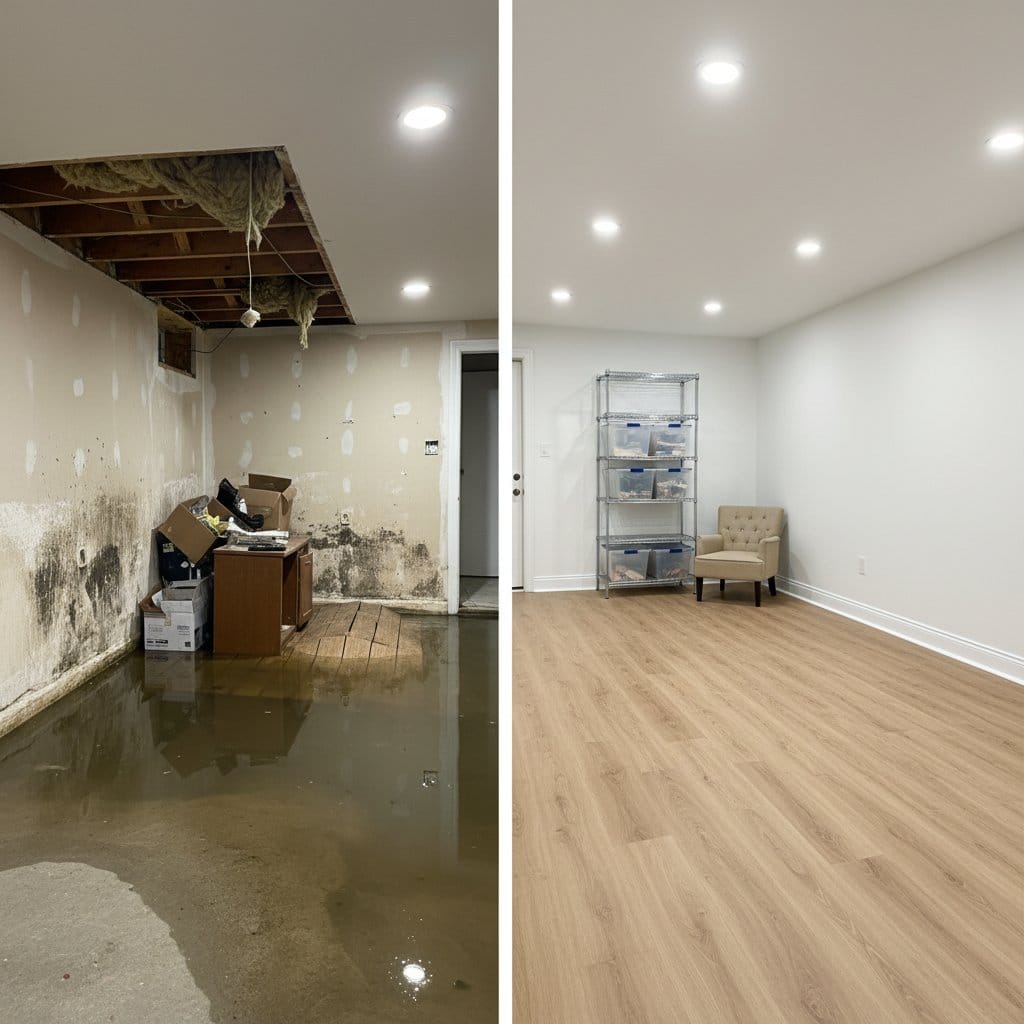 Mold Prevention After Water Damage before and after in residential basement, Garfield NJ