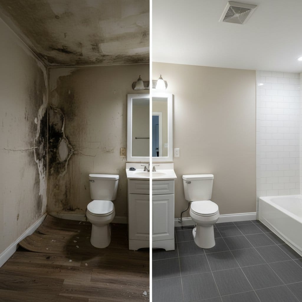 Before and after mold prevention after water damage in Garfield Victorian home bathroom