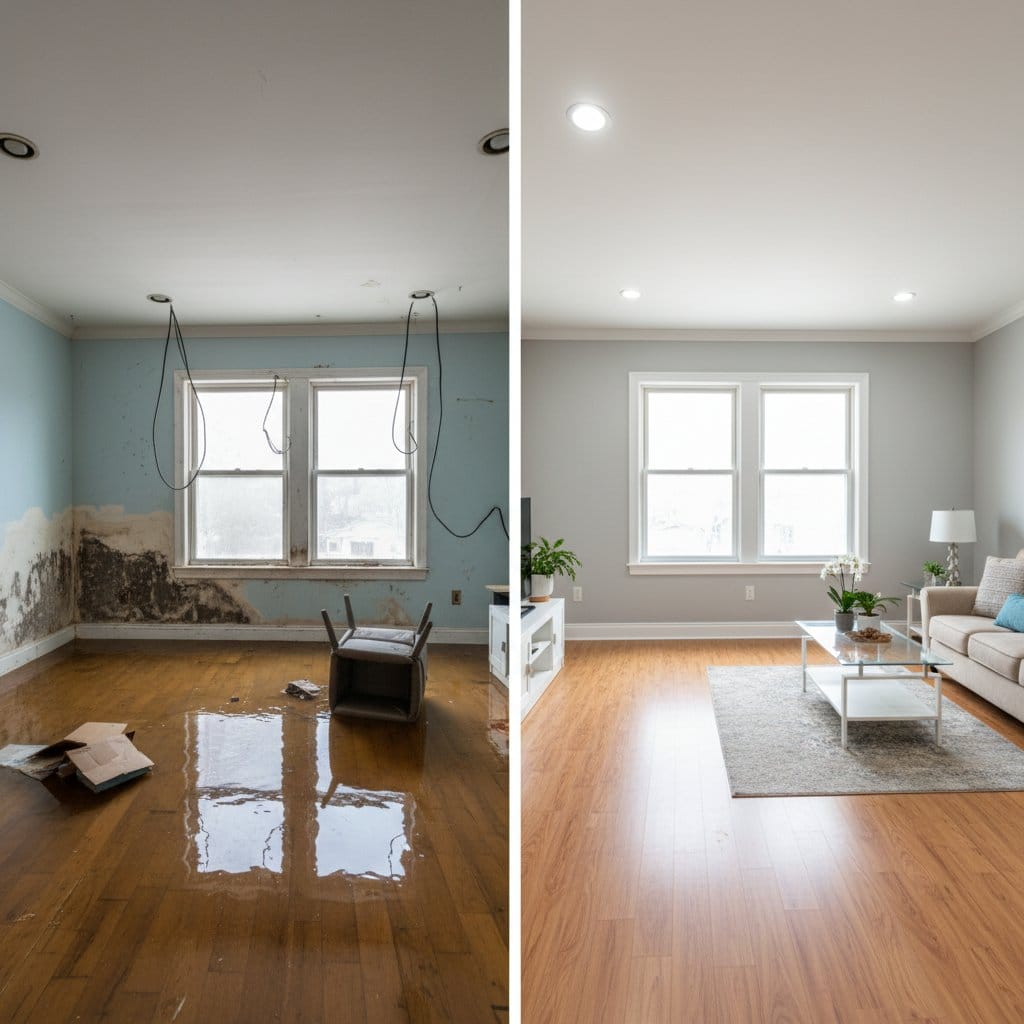 Garfield Water Damage Restoration living room restoration before and after in Garfield