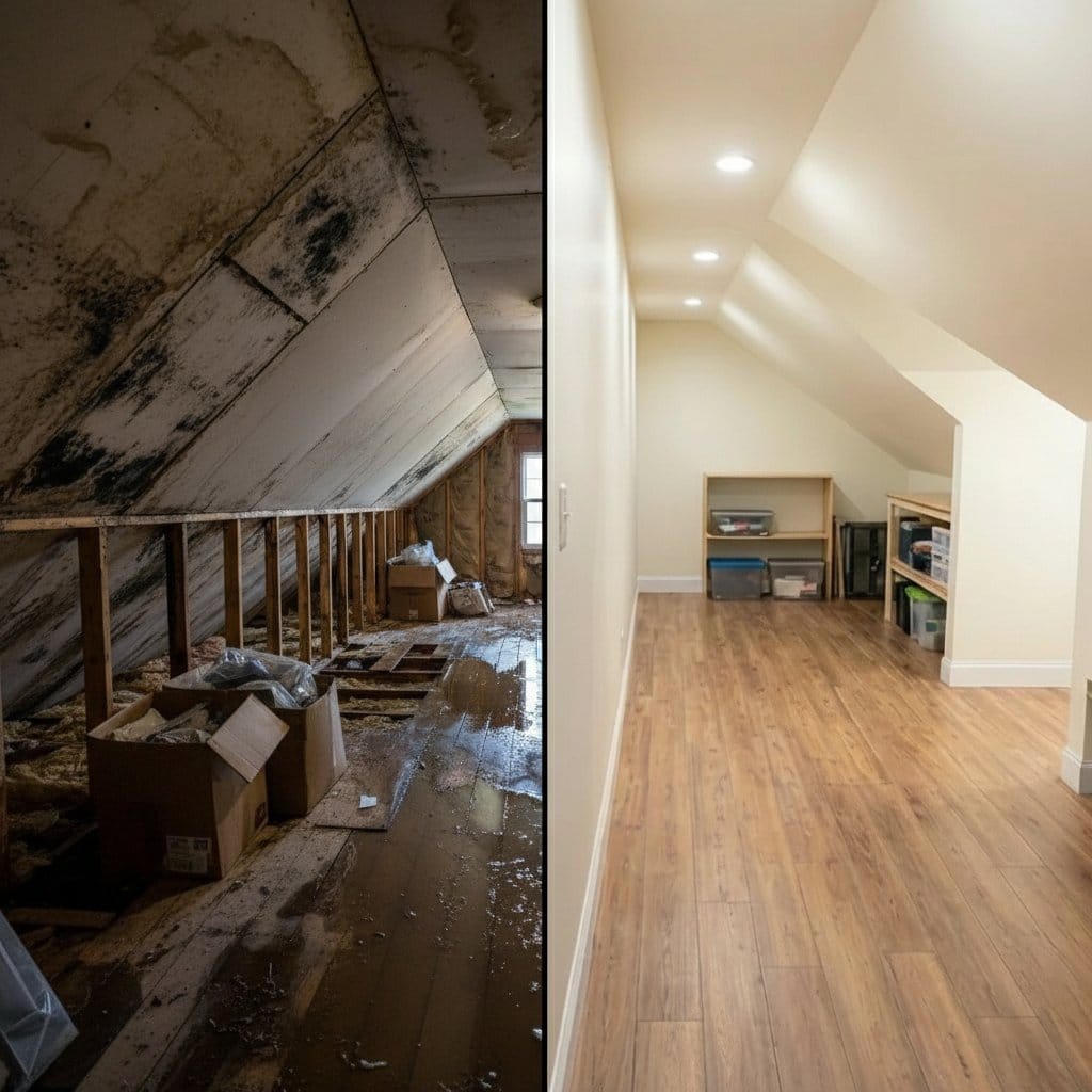 Garfield Water Damage Restoration attic space restoration before and after in Garfield